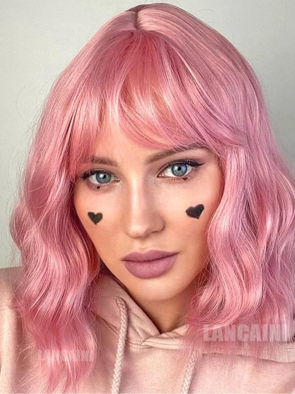 Lancaini Pastel Bob Wigs with Bangs for Women Loose Wavy Wig Pastel Wavy Pink